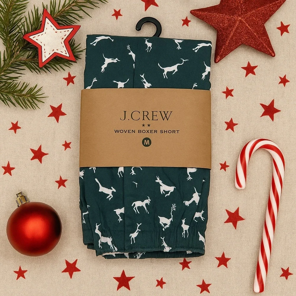 NWT J Crew Men’s Boxers Green and White Reindeer Print Sz M (32-34)
